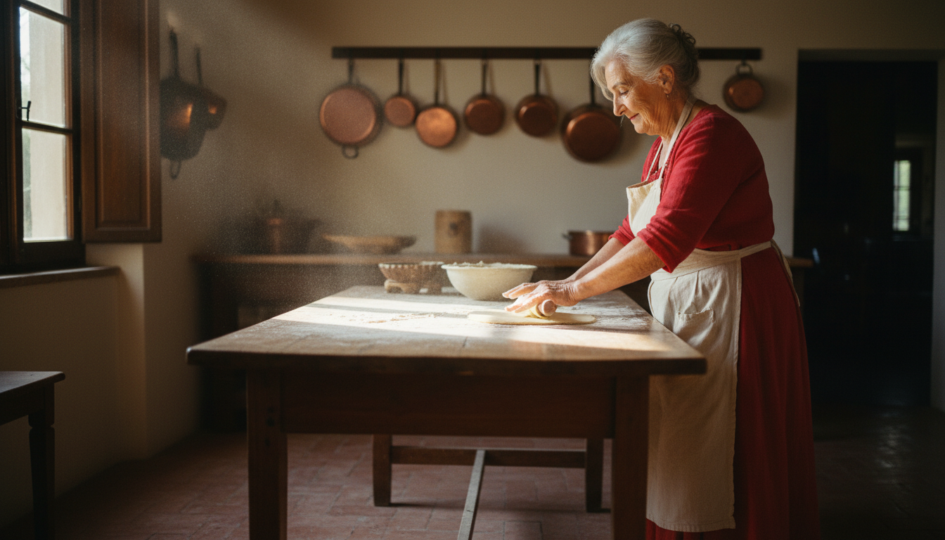 Italian grandmother in a cream apron rolling pasta dough at a rustic wooden table, warm golden light, copper pots in the background